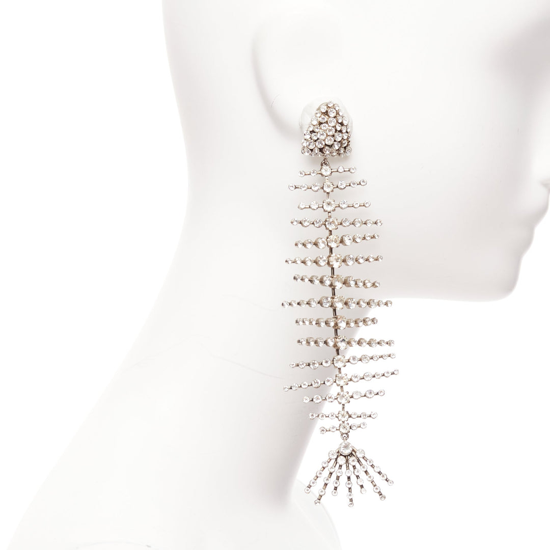 SAINT LAURENT clear crystal spiral fish bone dangling clip on earrings
