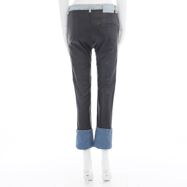 MAISON MARGIELA black leather blue denim trim cuffed jeans pants IT38 XS