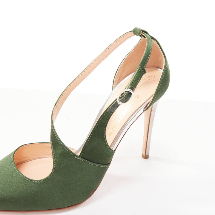 RUPERT SANDERSON Nanda green satin d'orsay silver heel pointy pumps EU36