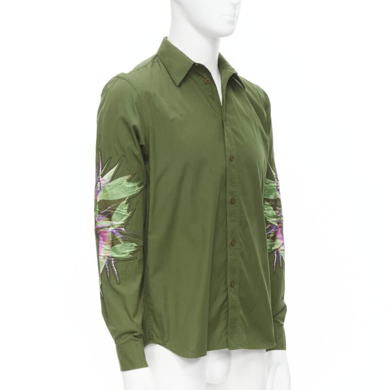 Runway GIVENCHY Tisci 2012 green cotton Birds of Paradise patch sleeve shirt S