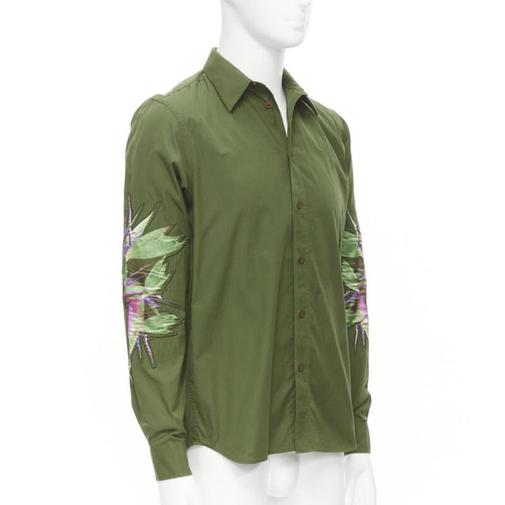 Runway GIVENCHY Tisci 2012 green cotton Birds of Paradise patch sleeve shirt S