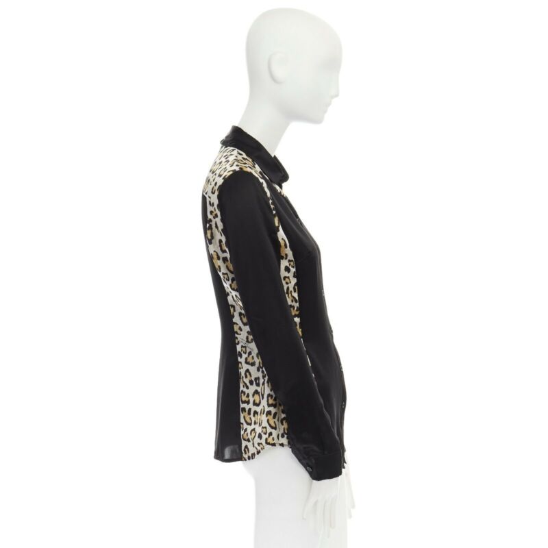 JUST CAVALLI 100% silk black leopard  button front shirt IT40 S
