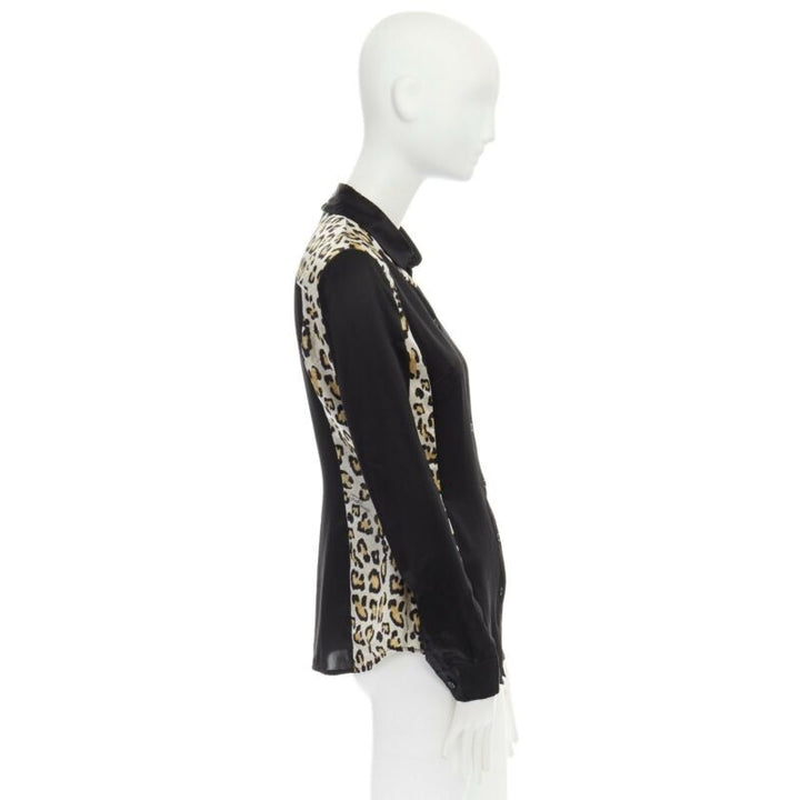 JUST CAVALLI 100% silk black leopard  button front shirt IT40 S