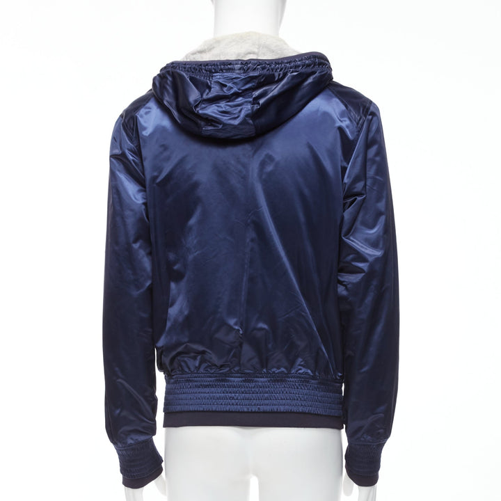 D&G navy nylon grey cotton lined gold varsity logo hooded zip up  IT46 S