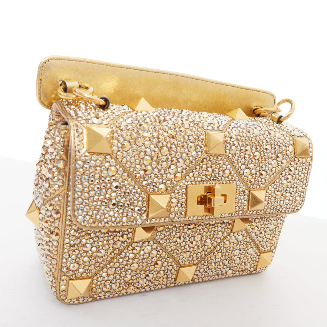 rare VALENTINO Roman Stud Medium gold crystal chain turnlock shoulder bag