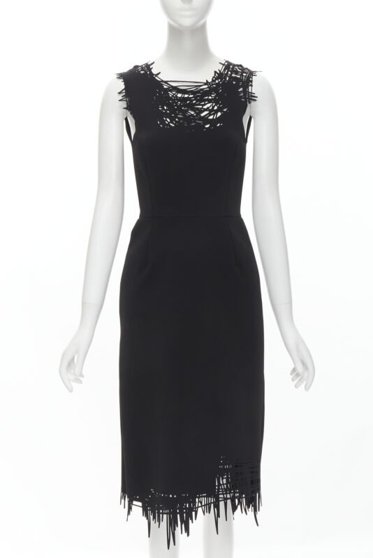 OSCAR DE LA RENTA laser cut scribble cut out scuba sheath pencil dress S