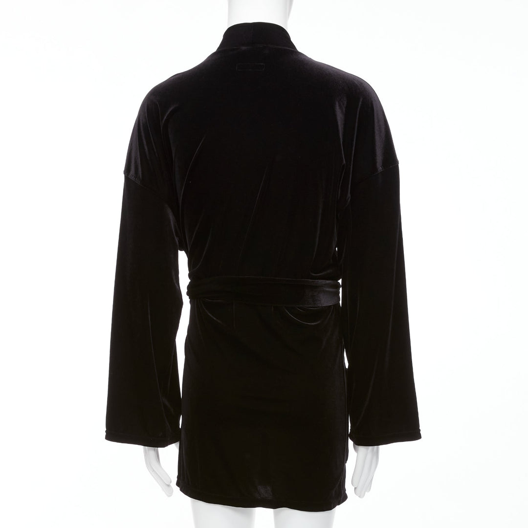 EMPORIO ARMANI black velvet GA embroidered logo belted robe jacket M