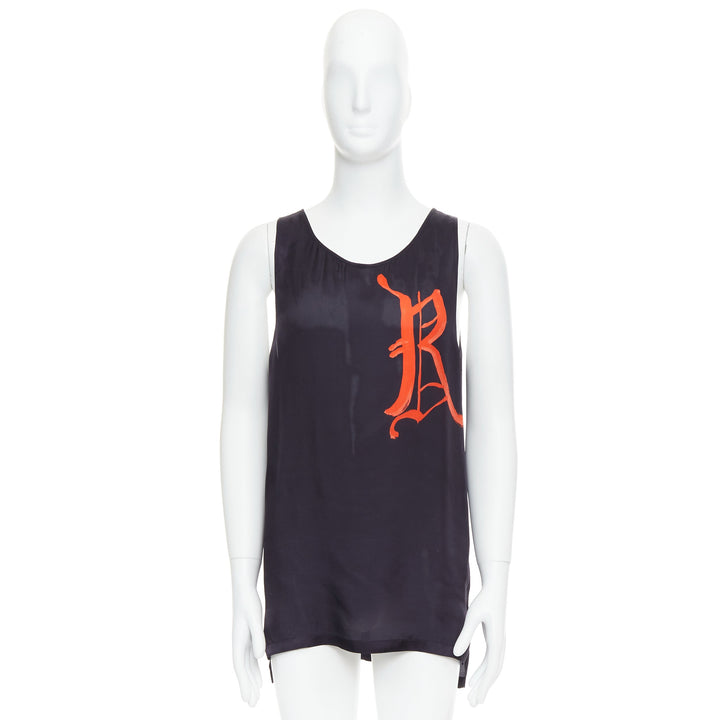 DRIES VAN NOTEN black viscose gothic R print viscose tank top IT46 S