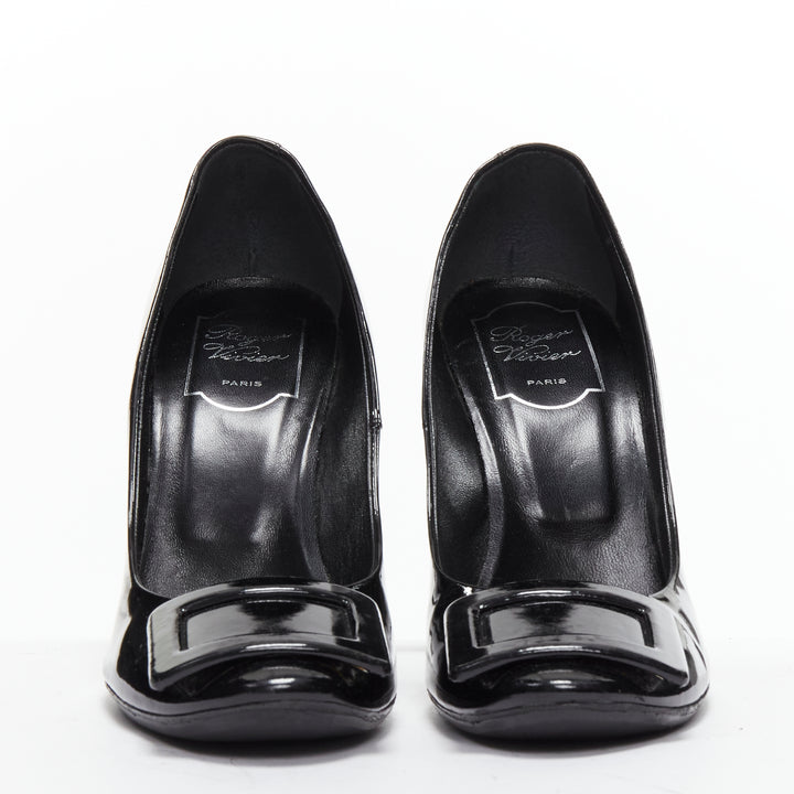 ROGER VIVIER Trompette black patent leather buckle curved heel pumps EU38