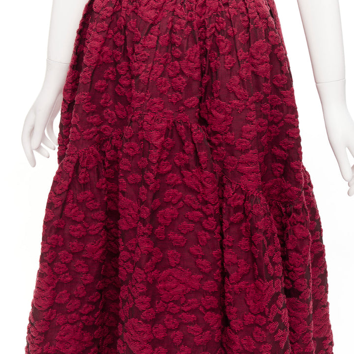 ANAIS JOURDEN red cotton blend floral 3D jacquard tie full gown skirt FR36 S