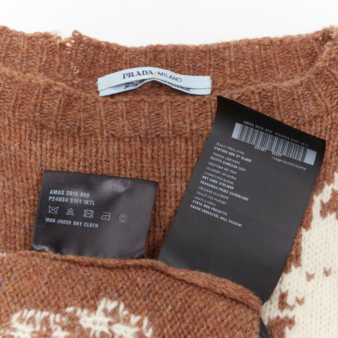 PRADA 2015 100% shetland wool brown rocket intarsia sweater IT36 XXS