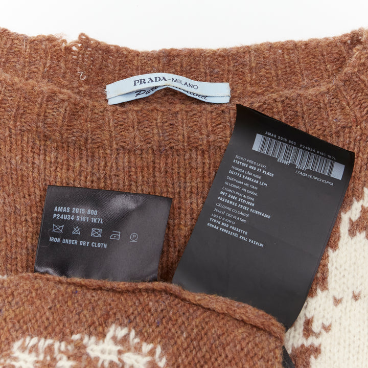 PRADA 2015 100% shetland wool brown rocket intarsia sweater IT36 XXS