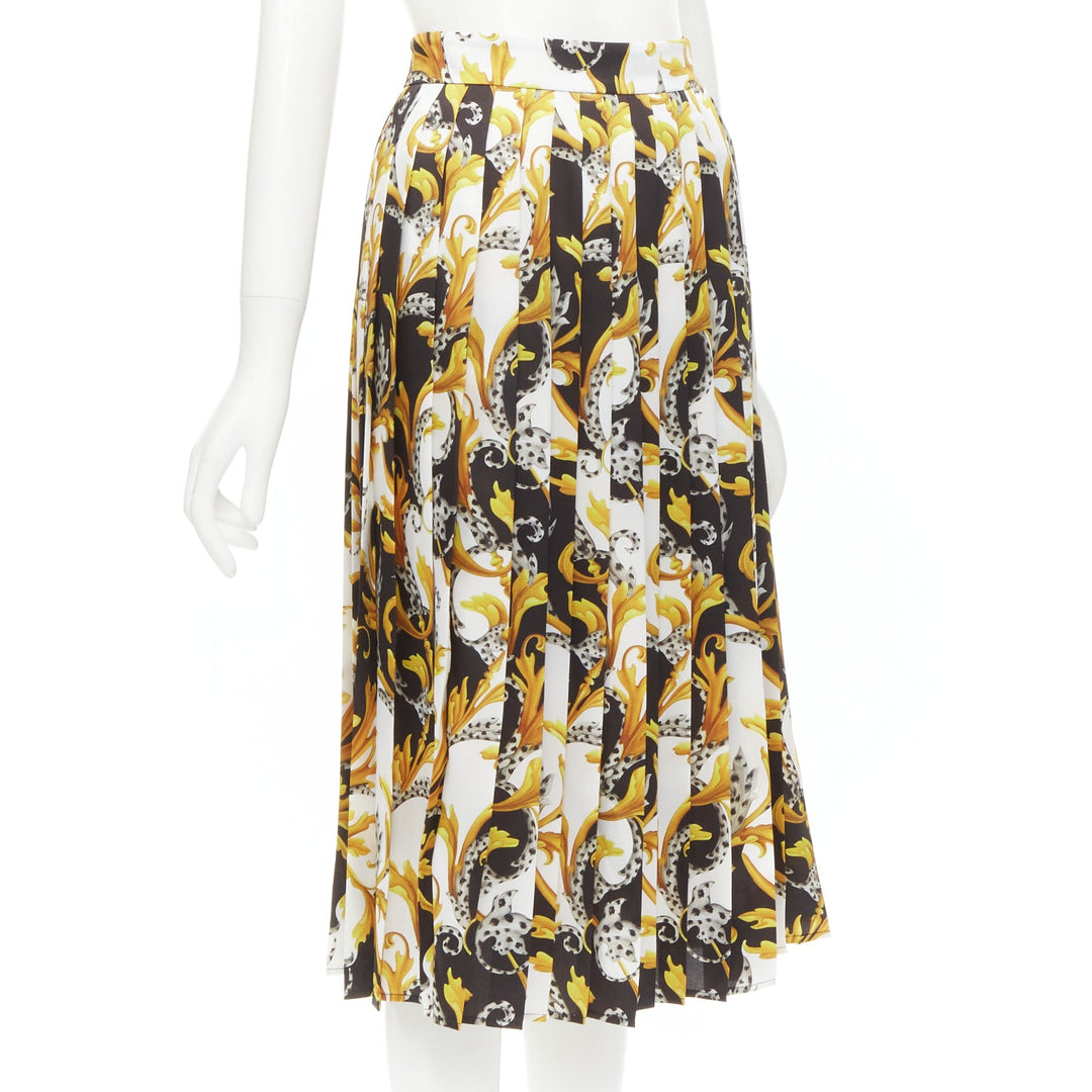 VERSACE Barocco Acanthus black gold print pleated high slit skirt IT36 XS