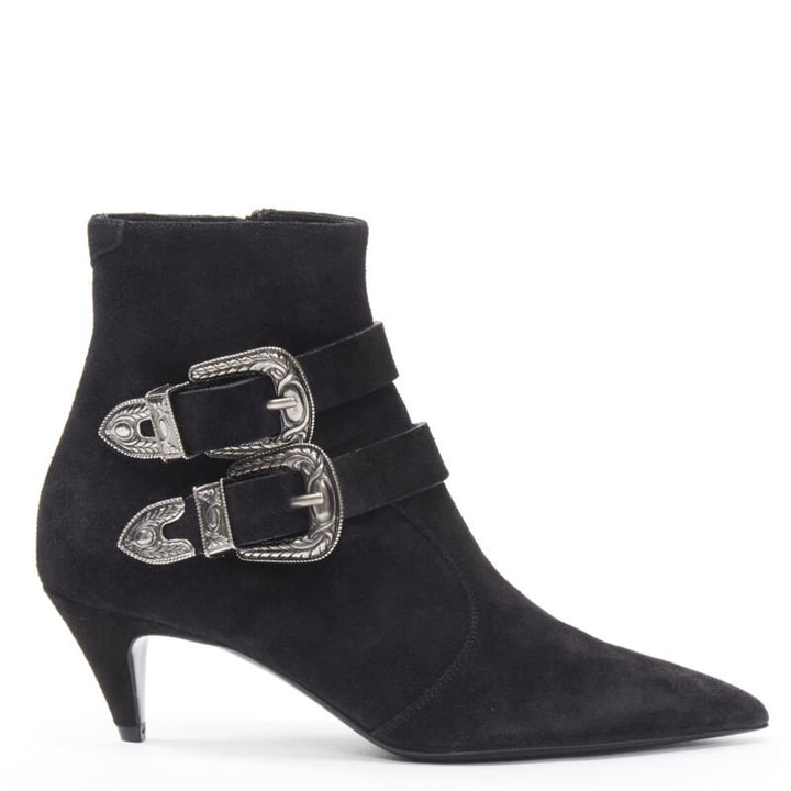 SAINT LAURENT Charlotte 55 black suede silver western buckle bootie EU37