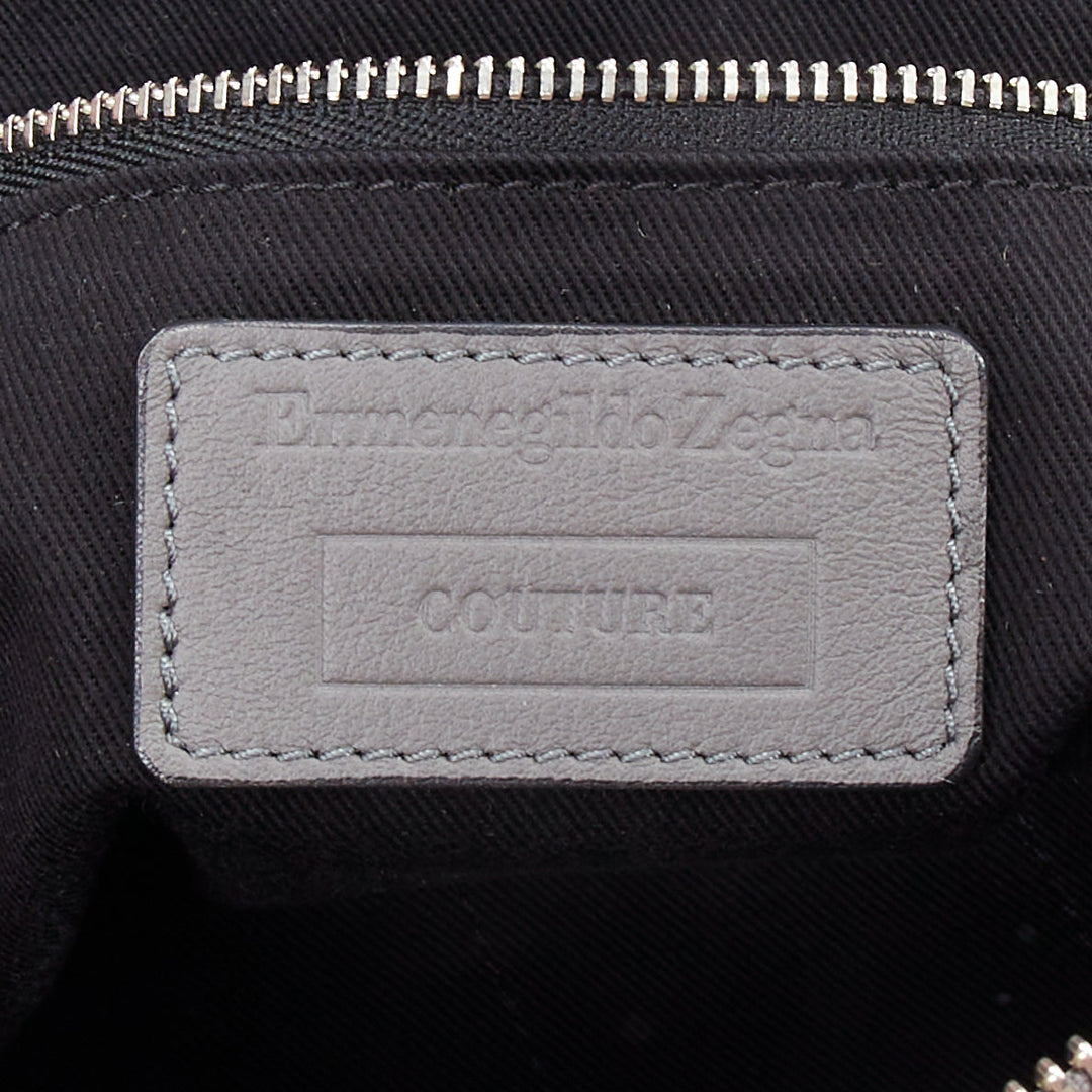 ERMENEGILDO ZEGNA grey lambskin shearling wrist strap zip clutch bag