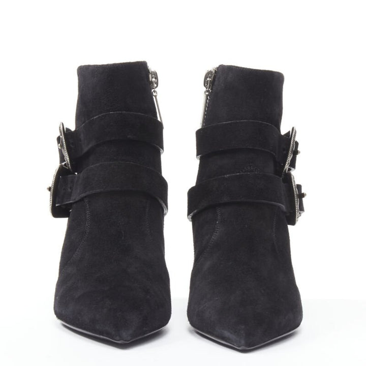 SAINT LAURENT Charlotte 55 black suede silver western buckle bootie EU37