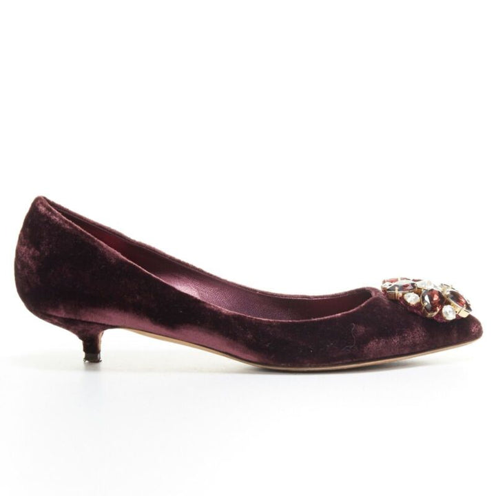 DOLCE GABBANA embellished purple velvet crystal toe kitten heel pumps EU36.5