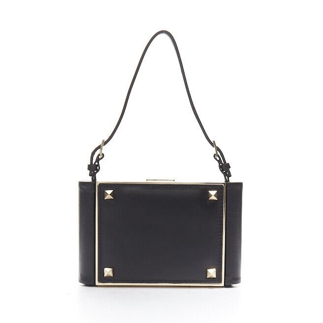 VALENTINO black leather gold rockstud metal frame miniaudiere clasp clutch bag