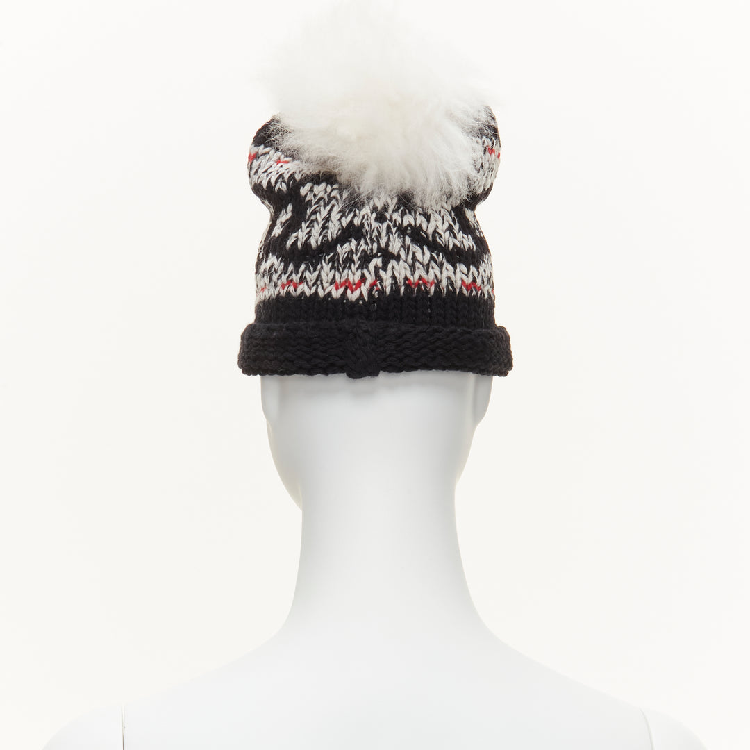 CHANEL 100% wool white CC logo pom pom black red intarsia beanie hat