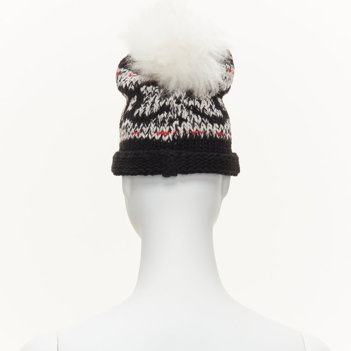 CHANEL 100% wool white CC logo pom pom black red intarsia beanie hat