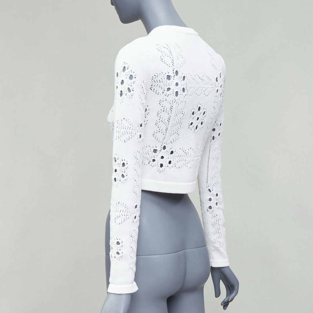 CHANEL 2021 white cotton gold CC button crochet knit cropped cardigan FR34 XS