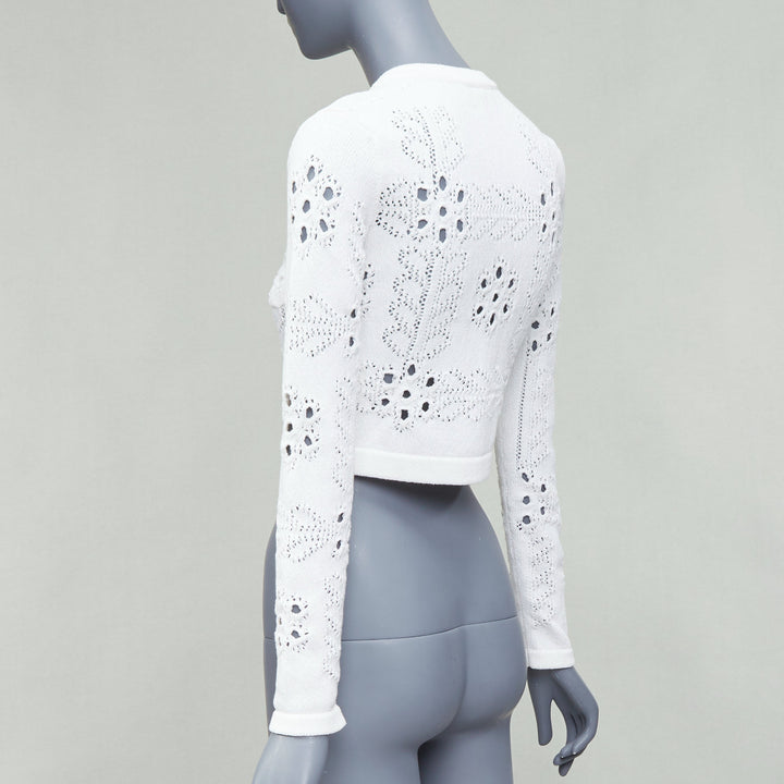 CHANEL 2021 white cotton gold CC button crochet knit cropped cardigan FR34 XS