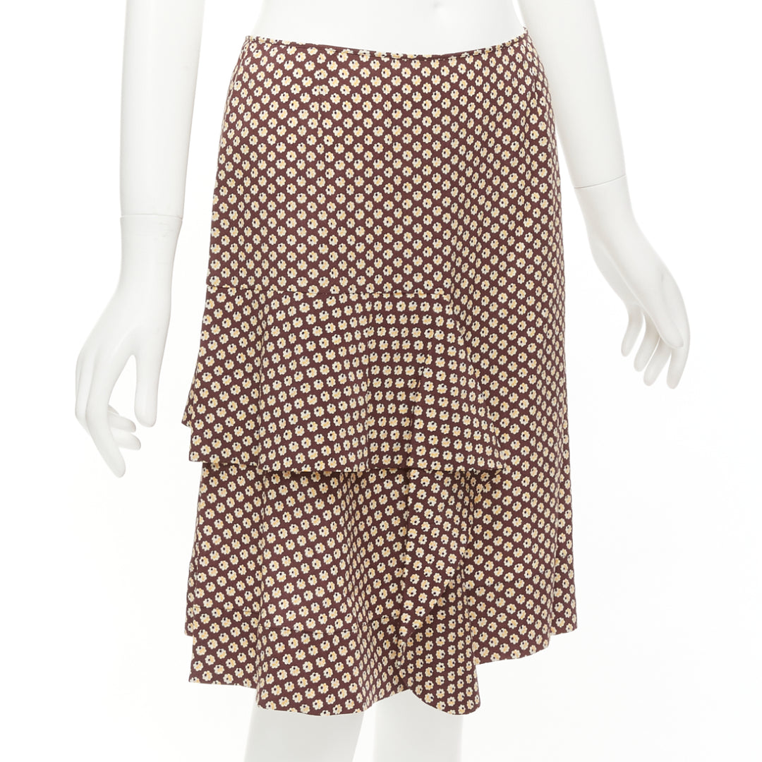 MARNI brown yellow floral silk blend ruffle drape front mid skirt IT40 S
