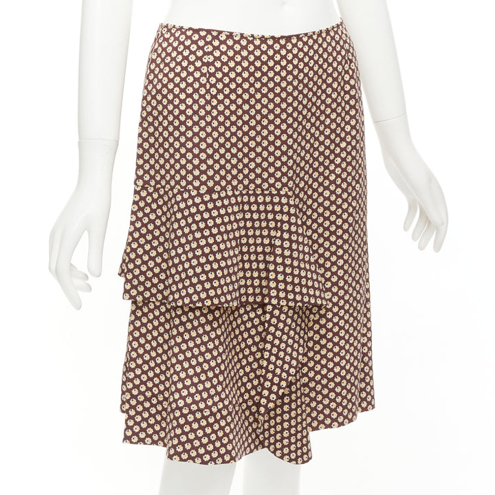 MARNI brown yellow floral silk blend ruffle drape front mid skirt IT40 S