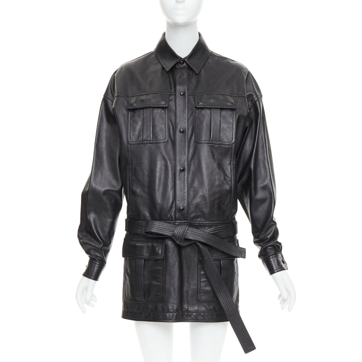SAINT LAURENT 2018 black lambskin leather low waist safari shirt dress FR36 S