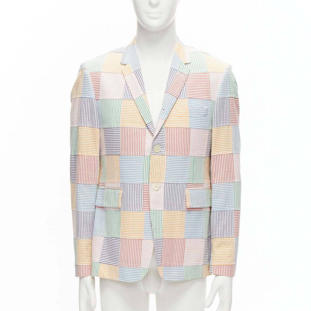 THOM BROWNE colourful stripes patchwork seersucker 2 button blazer jacket Sz 2 M