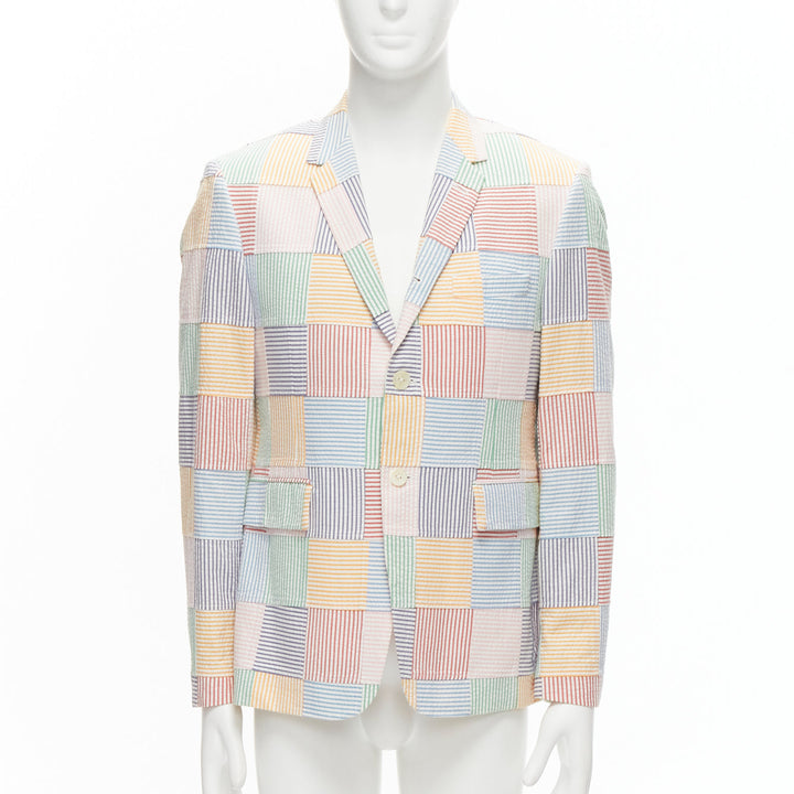 THOM BROWNE colourful stripes patchwork seersucker 2 button blazer jacket Sz 2 M