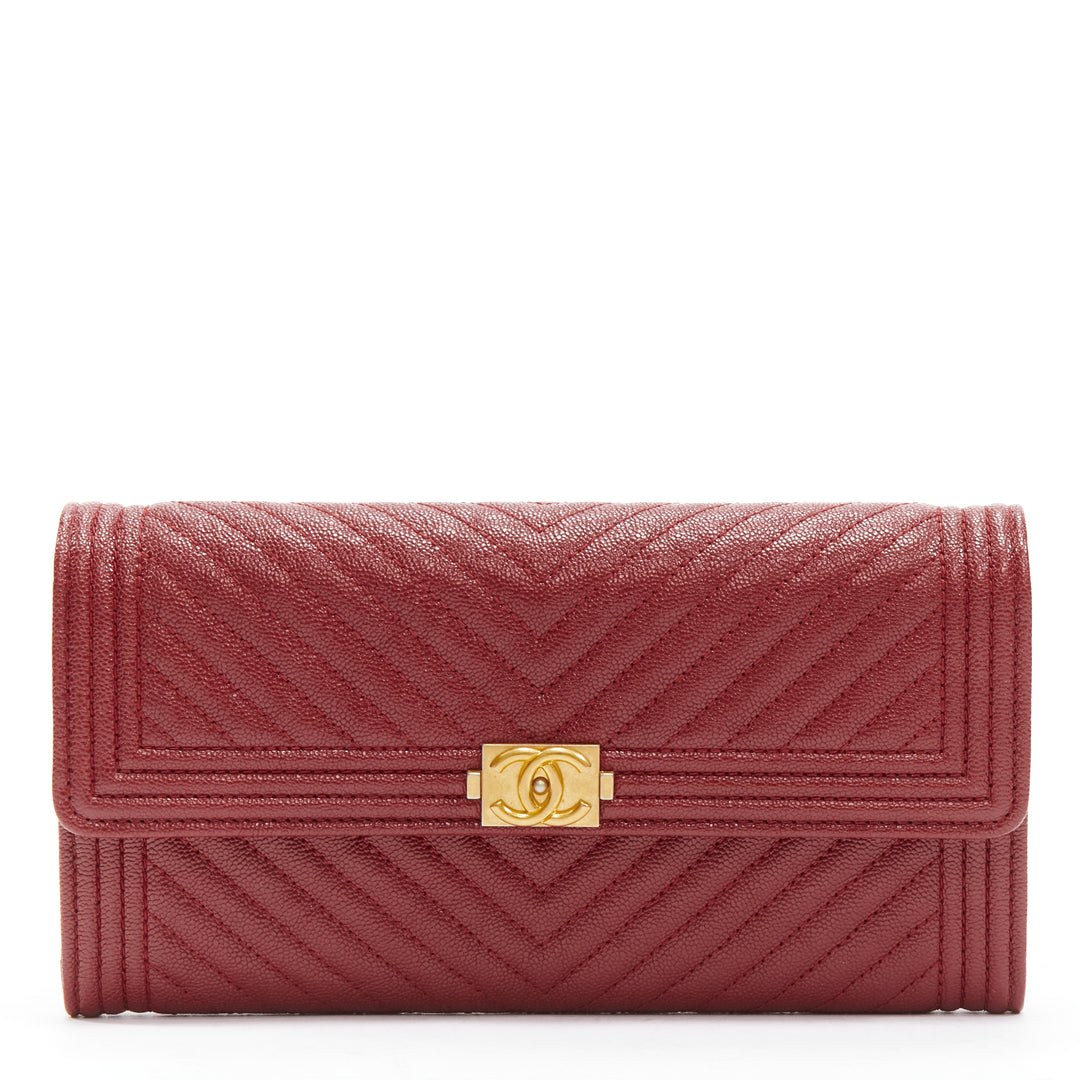 CHANEL Boy chevron red caviar gold CC logo flap long wallet