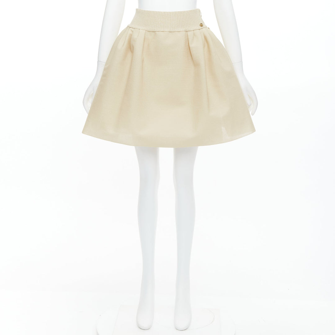 CHANEL light beige gold CC logo button flared skater skirt FR40 L
