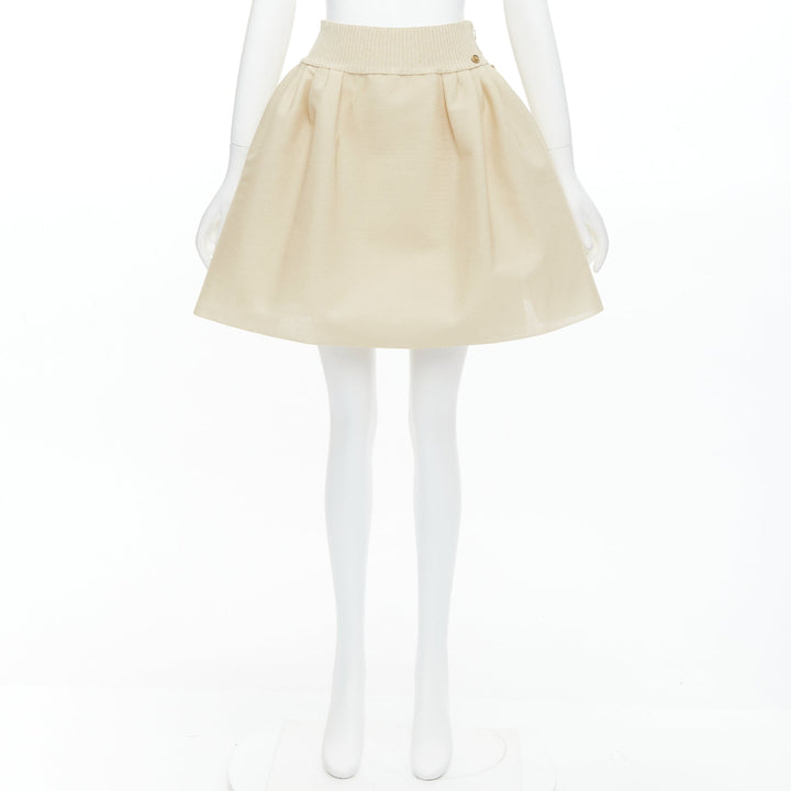 CHANEL light beige gold CC logo button flared skater skirt FR40 L