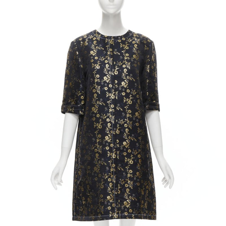 MARNI 2019 black gold blue floral jacquard cuffed sleeve trapeze dress IT40 S