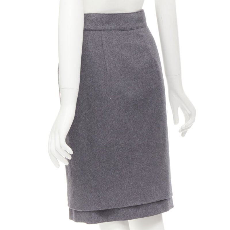 OSCAR DE LA RENTA grey wool double layered hem pencil skirt US2 XS