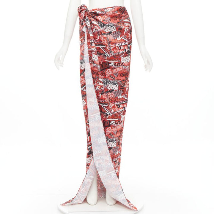 BALENCIAGA Demna 2019 Runway red logo print wrap tie maxi skirt FR36 S