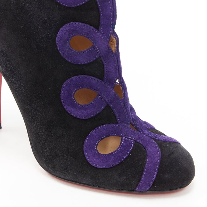 CHRISTIAN LOUBOUTIN black suede purple swirl cut out high heel ankle bootie EU36