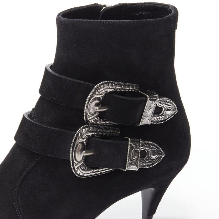 SAINT LAURENT Charlotte 55 black suede silver western buckle bootie EU37