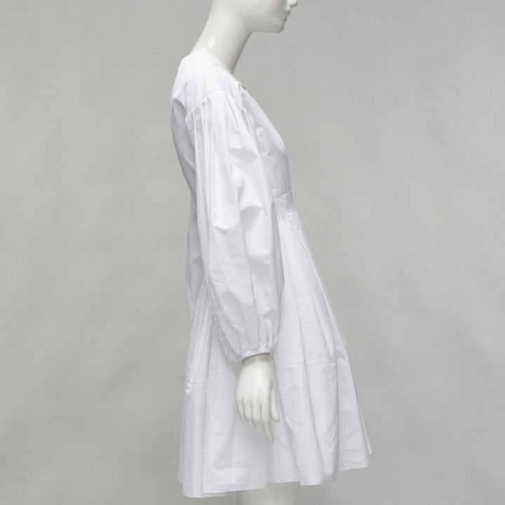 ALEXANDER MCQUEEN white cotton silver zip front puff sleeve flared dress IT36 XS