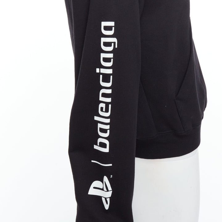 BALENCIAGA Demna 2021 black cotton PS5 logo fitted cropped hoodie M