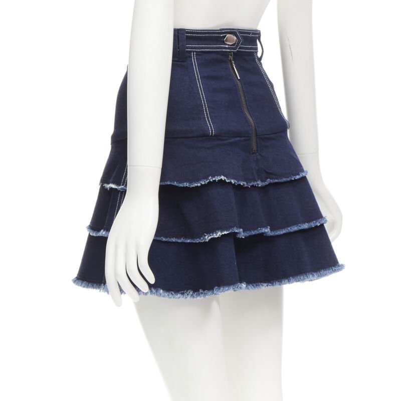 AJE hammered silver buttons blue frayed edge tiered denim skirt UK6 XS