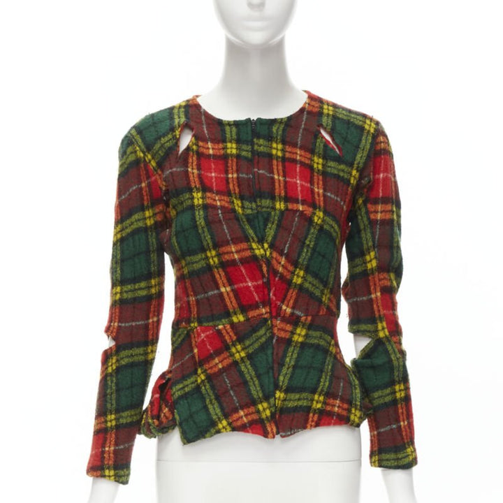 JUNYA WATANABE Vintage 1995 red punk plaid boiled wool cut out jacket S