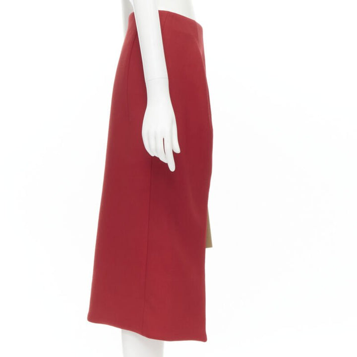 MARNI red wool brown silk lining curved hem midi skirt IT40 S