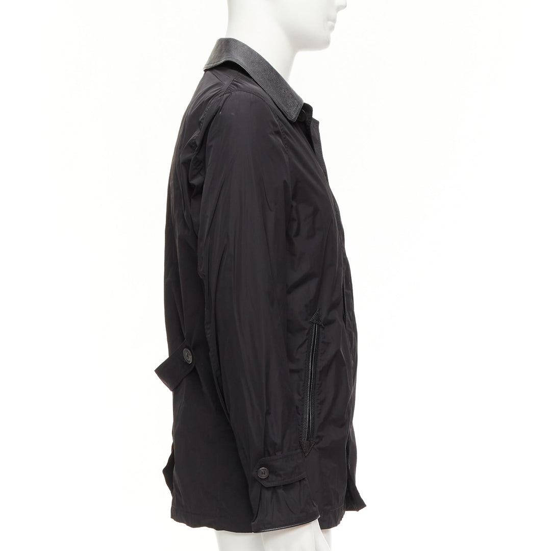 BURBERRY black textured leather trim nylon single breast trench coat IT48 M