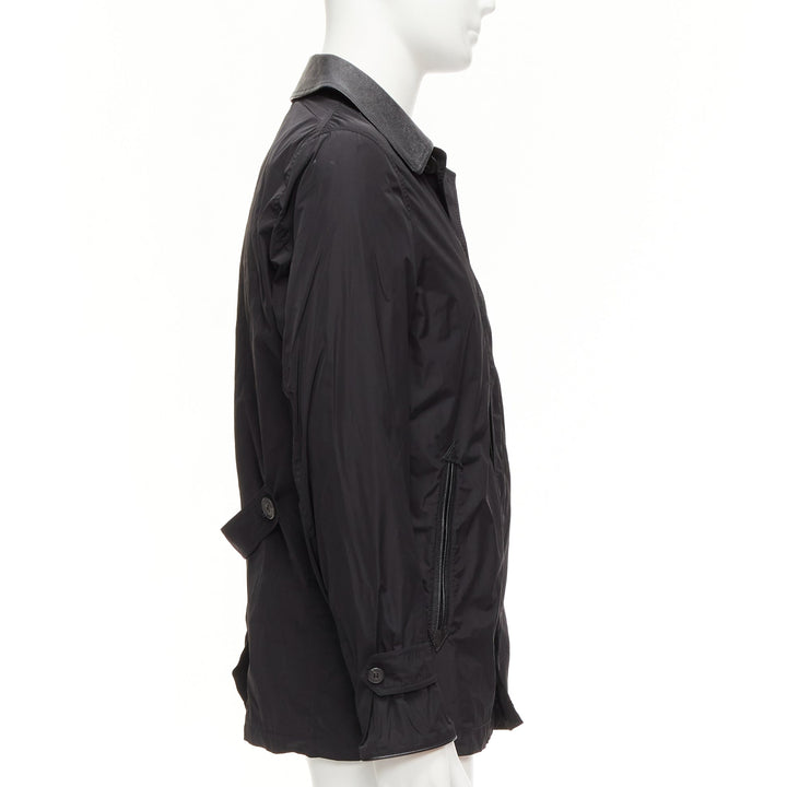 BURBERRY black textured leather trim nylon single breast trench coat IT48 M