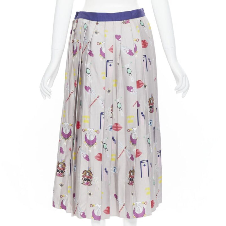 MARY KATRANTZOU grey mixed illustration print pleated midi flared skirt UK10 27"