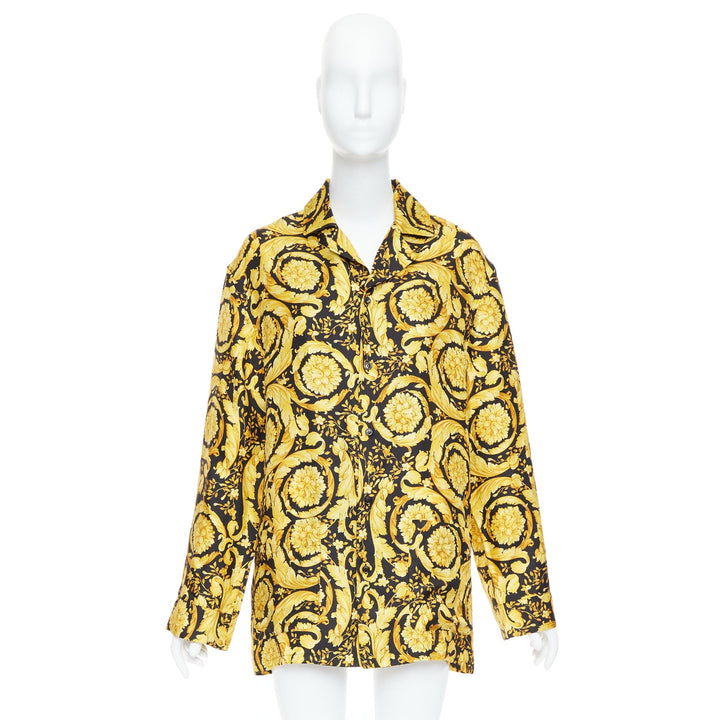 VERSACE 100% silk Signature Barocco Baroque black gold print pajama shirt Sz2 M