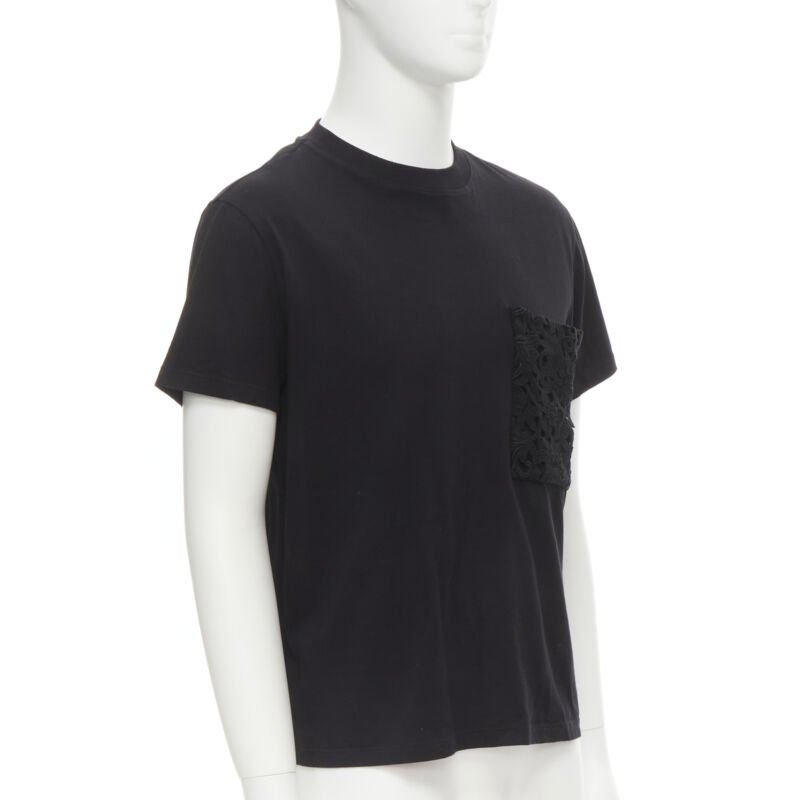 VALENTINO floral lace breast pocket white logo black cotton tshirt S
