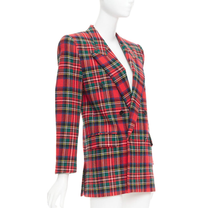 SAINT LAURENT 2023 red scotland plaid wool blend power blazer FR34 XS